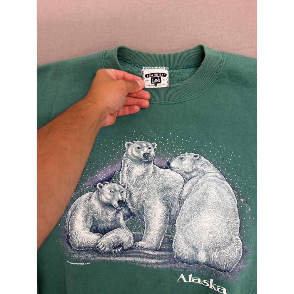 Vintage Lee Heavyweight Alaska Polar Bear Sweatshirt Green Mens XL 90s Graphic - Picture 3 of 7